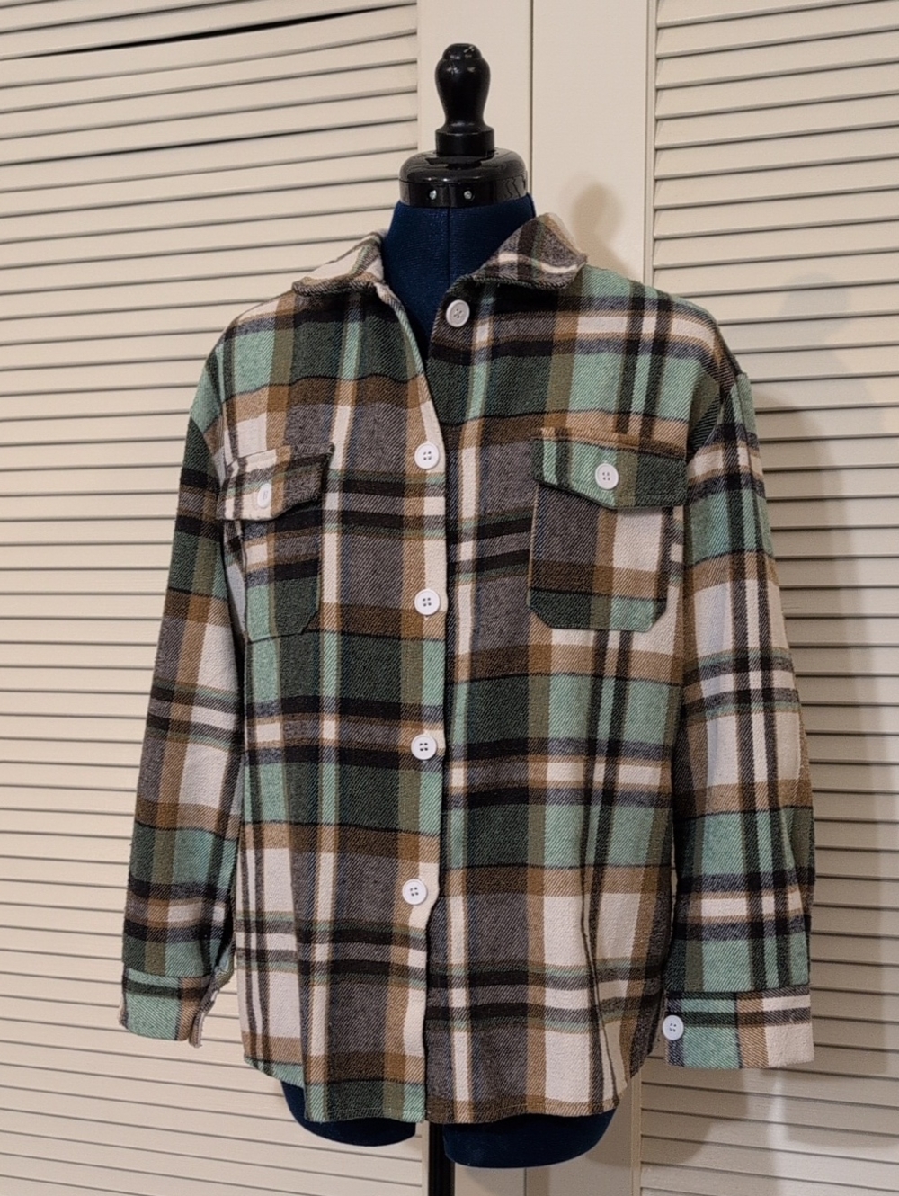 Women's Mint Green and Brown Plaid Button-Down Shirt Jacket